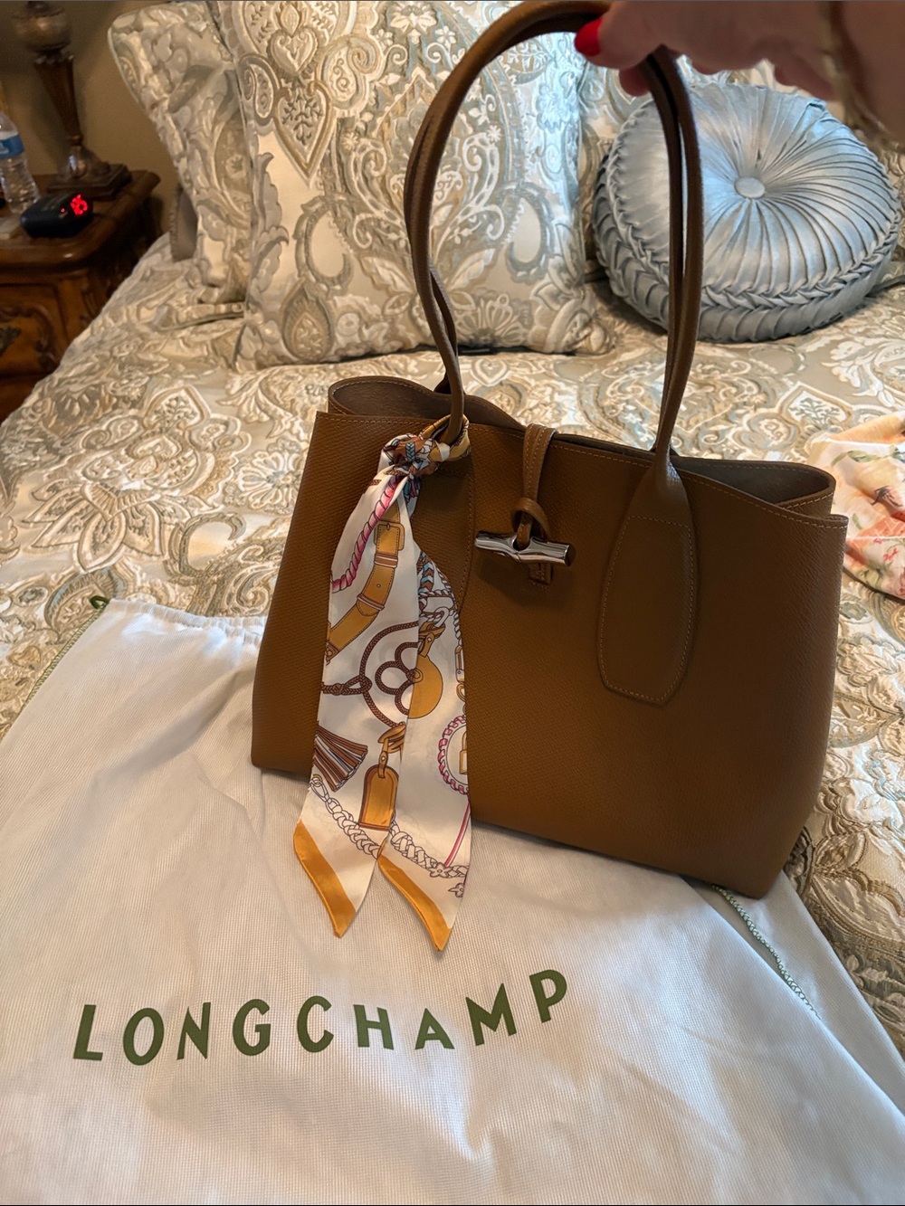 Longchamp Brown Leather Tote with Printed Silk Scarf
